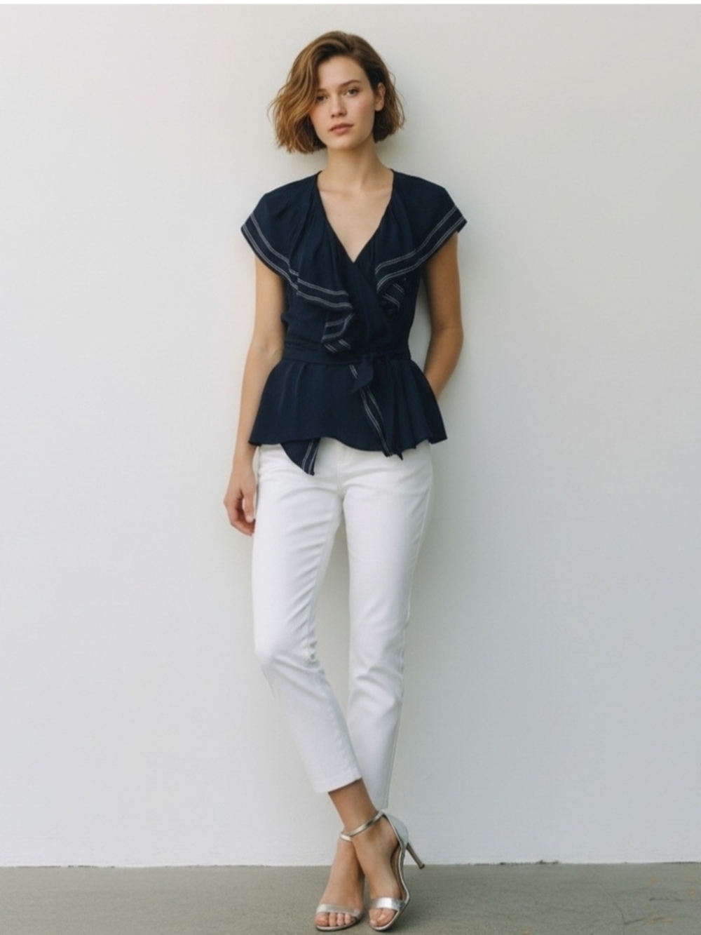 Tory Burch Adelia Ruffle Wrap Short Sleeve Blouse Nautical Designer Office